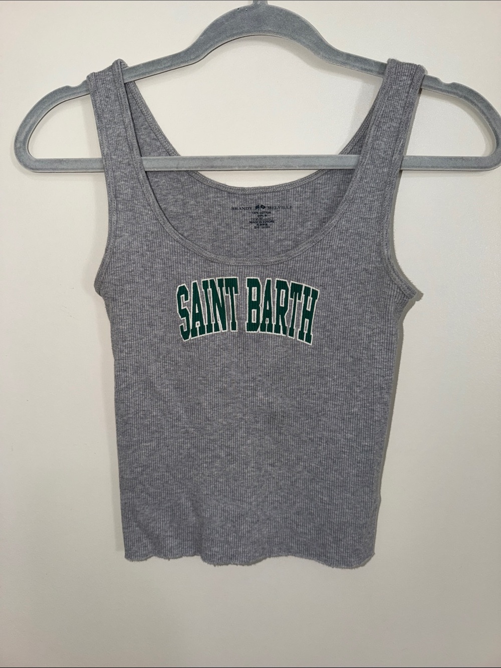 Brandy Melville Gray Ribbed Tank with Green Saint Barth Logo | OS